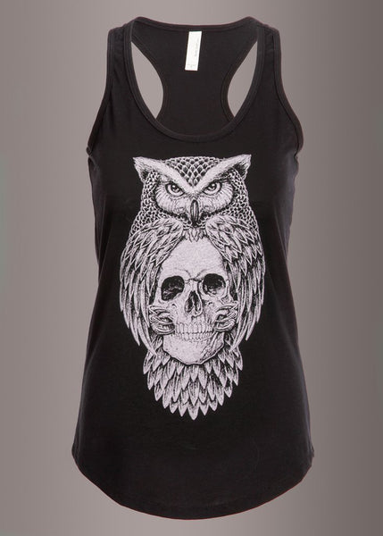 Black skull and owl gothic tank top