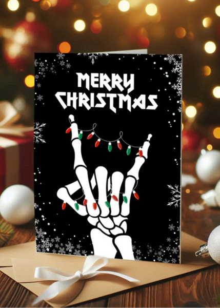 Christmas card with skeleton hands holding lights against a festive background
