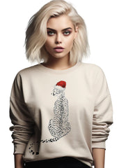Person wearing a beige sweatshirt with a graphic of a cheetah wearing a Santa hat.