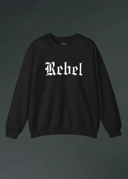 Black sweatshirt with 'Rebel' text on a dark background
