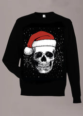 Black sweater with a skull wearing a Santa hat design on a gray background