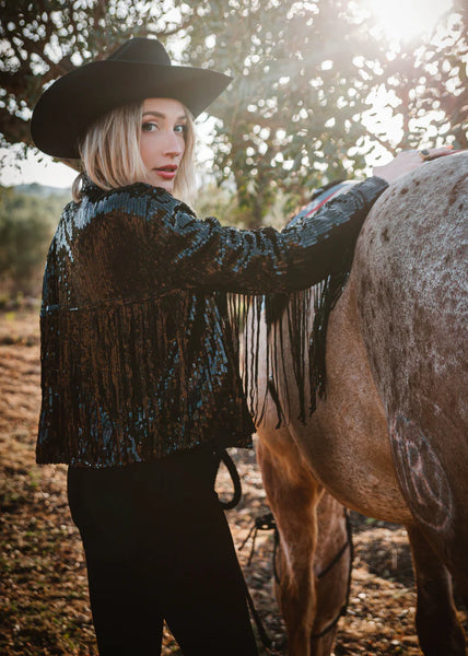 COASTAL COWGIRL BLACK SEQUIN FRINGE JACKET