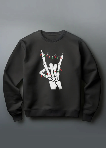 Black sweatshirt with skeleton hand and Christmas lights design on a gray background