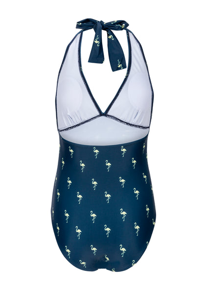 Retro Blue Flamingo Print Halter Sheath One Piece Swimsuit