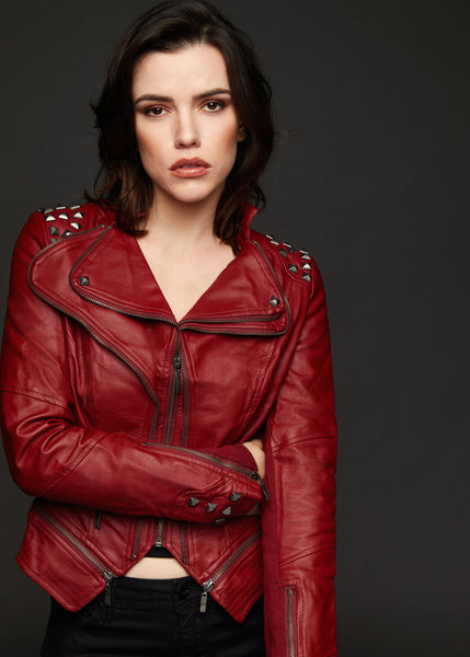 Red studded leather jacket
