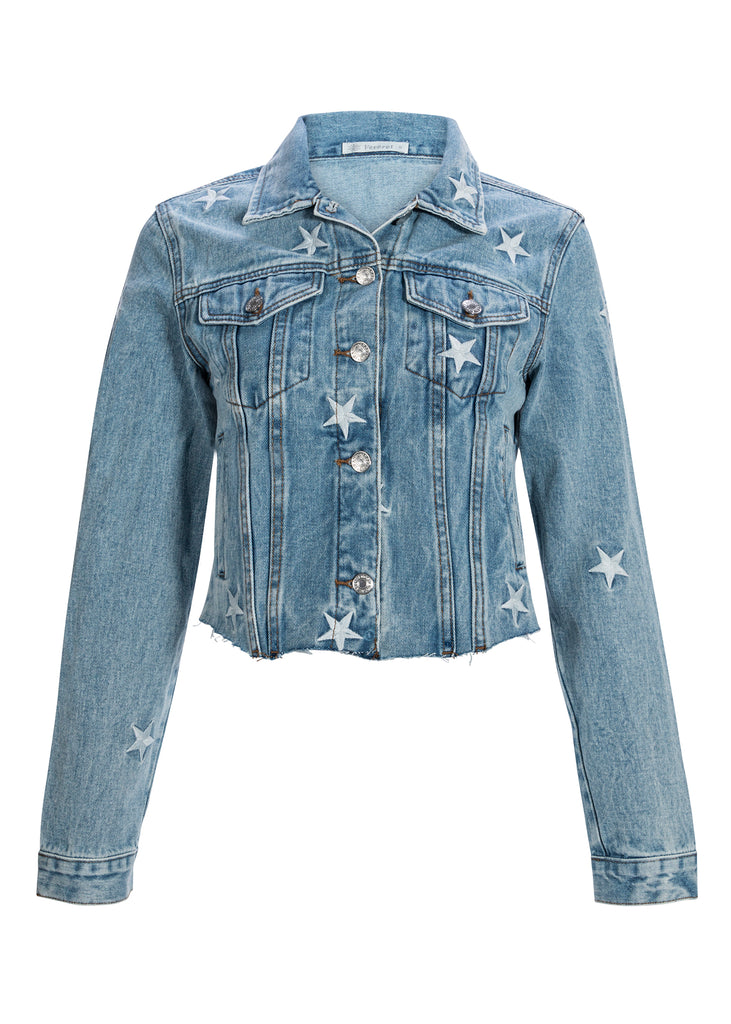 Cropped Denim Jacket with Star Embroidery