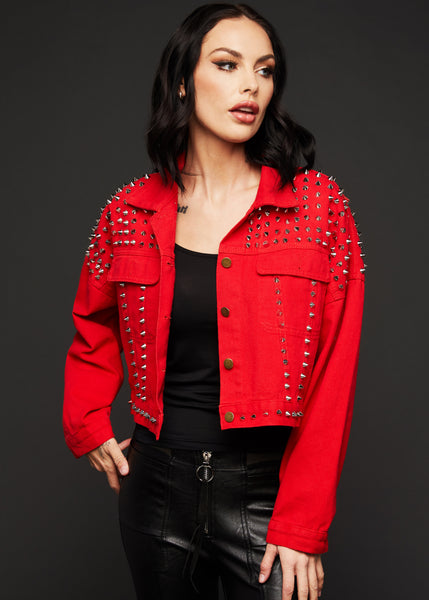 red studded denim jacket