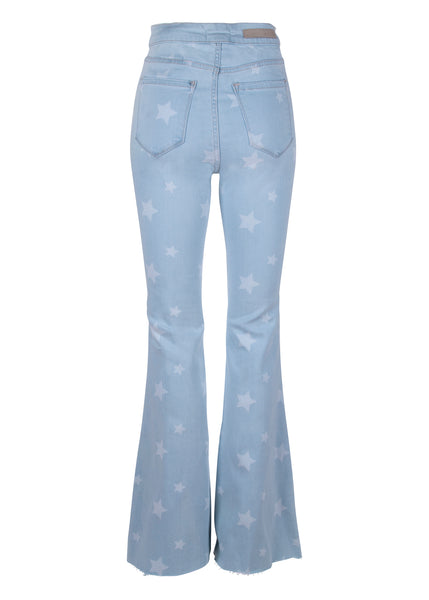 star print denim bell bottom pants